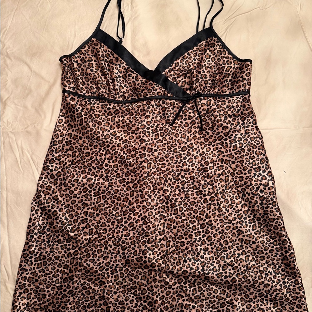 Morgan Taylor Leopard Print Satin Chemise with Black Trim